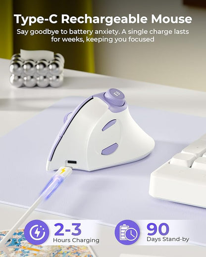 seenda Ergonomic Mouse Wireless, MOU - 302 Bluetooth Vertical Mouse Rechargeable, Optical Mice with 1000/1600/2400 DPI, Volume Knob, 3 Multi - Device Connectivity for Computer/PC/Laptop/Mac, White Purple | Mice - TrueDesk