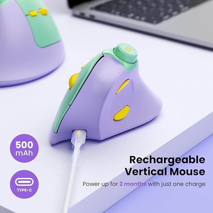 seenda Ergonomic Mouse Wireless, MOU - 302 Bluetooth Vertical Mouse Rechargeable, Optical Mice with 1000/1600/2400 DPI, Volume Knob, 3 Multi - Device Connectivity for Computer/PC/Laptop/Mac, Purple | Mice - TrueDesk