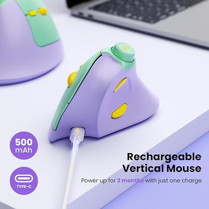 seenda Ergonomic Mouse Wireless, MOU - 302 Bluetooth Vertical Mouse Rechargeable, Optical Mice with 1000/1600/2400 DPI, Volume Knob, 3 Multi - Device Connectivity for Computer/PC/Laptop/Mac, Purple | Mice - TrueDesk