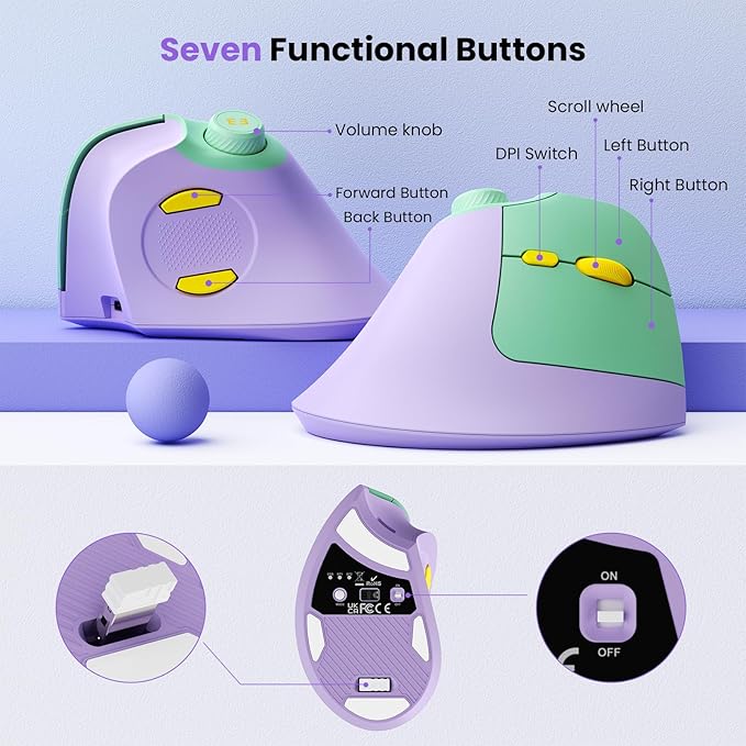 seenda Ergonomic Mouse Wireless, MOU - 302 Bluetooth Vertical Mouse Rechargeable, Optical Mice with 1000/1600/2400 DPI, Volume Knob, 3 Multi - Device Connectivity for Computer/PC/Laptop/Mac, Purple | Mice - TrueDesk