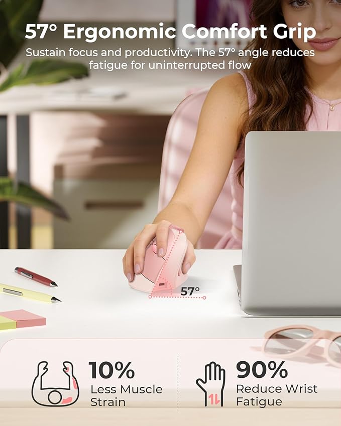 seenda Ergonomic Mouse Wireless, MOU - 302 Bluetooth Vertical Mouse Rechargeable, Optical Mice with 1000/1600/2400 DPI, Volume Knob, 3 Multi - Device Connectivity for Computer/PC/Laptop/Mac, Pink | Mice - TrueDesk