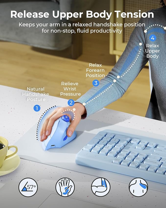 seenda Ergonomic Mouse Wireless, MOU - 302 Bluetooth Vertical Mouse Rechargeable, Optical Mice with 1000/1600/2400 DPI, Volume Knob, 3 Multi - Device Connectivity for Computer/PC/Laptop/Mac, Blue | Mice - TrueDesk