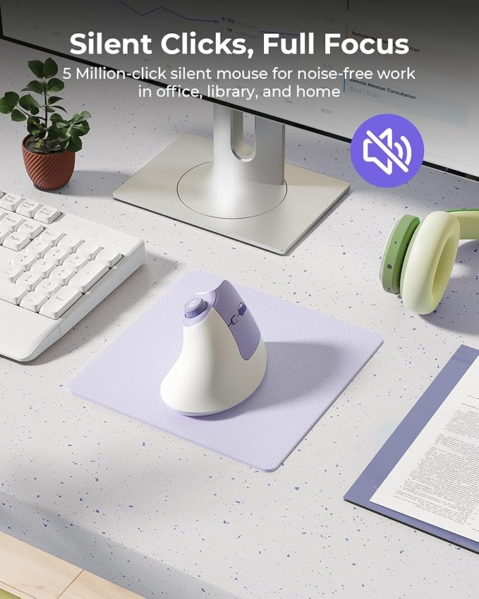 seenda Ergonomic Mouse Wireless, MOU - 302 Bluetooth Vertical Mouse Rechargeable, Optical Mice with 1000/1600/2400 DPI, Volume Knob, 3 Multi - Device Connectivity for Computer/PC/Laptop/Mac, White Purple | Mice - TrueDesk