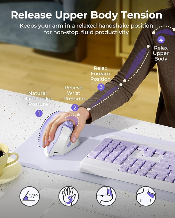 seenda Ergonomic Mouse Wireless, MOU - 302 Bluetooth Vertical Mouse Rechargeable, Optical Mice with 1000/1600/2400 DPI, Volume Knob, 3 Multi - Device Connectivity for Computer/PC/Laptop/Mac, White Purple | Mice - TrueDesk