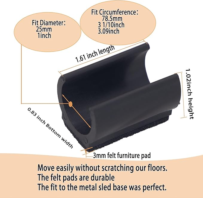 Sled Chair Leg Floor Protectors with Felt Furniture Pads,Rectangle U Shaped Chair Leg Tips Caps,Furniture Feet Protectors Slide Smoothly Protect Floors No Scratches No Noise (Diameter 25mm 8Pack) | Furniture Pads - TrueDesk