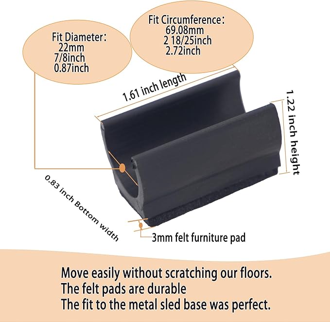 Sled Chair Leg Floor Protectors with Felt Furniture Pads,Rectangle U Shaped Chair Leg Tips Caps,Furniture Feet Protectors Slide Smoothly Protect Floors No Scratches No Noise (Diameter 22mm 8Pack) | Furniture Pads - TrueDesk