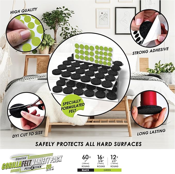 Slipstick Gorilla Felt 1 Inch Furniture Pads (88 Piece Combo) Premium Furniture Pads & Chair Leg Floor Protectors for Hardwood Floors & Hard Surfaces | Furniture Pads - TrueDesk