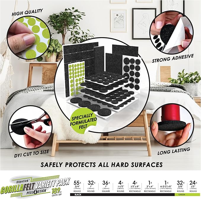 Slipstick Gorilla Felt Furniture Pads (189 Piece Variety Pack) Premium Furniture Pads & Chair Leg Floor Protectors for Hardwood Floors & Hard Surfaces | Furniture Pads - TrueDesk