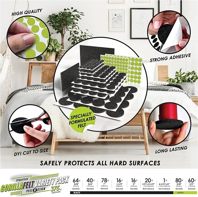 Slipstick Gorilla Felt Furniture Pads (375 Piece Variety Pack) Premium Furniture Pads & Chair Leg Floor Protectors for Hardwood Floors & Hard Surfaces | Furniture Pads - TrueDesk