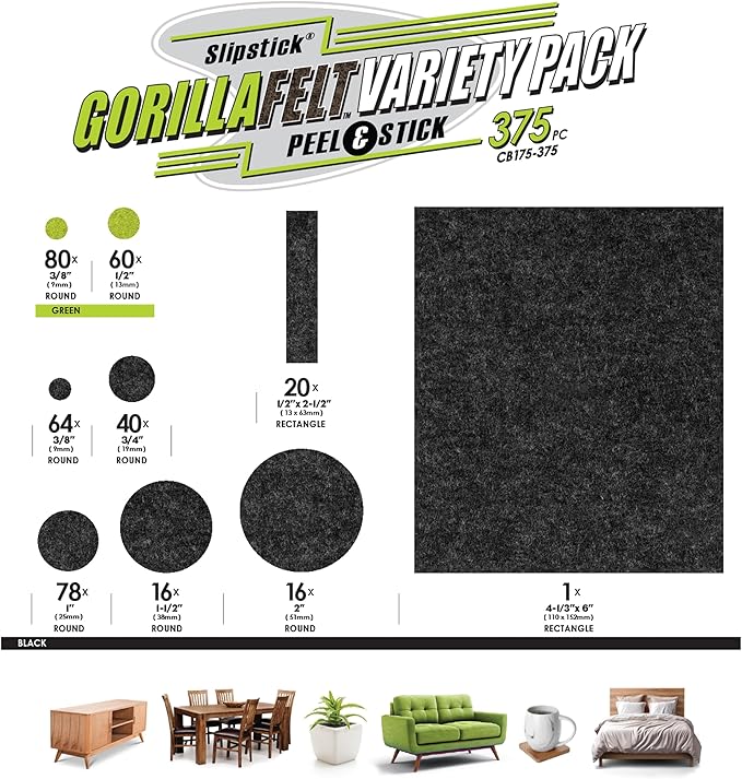Slipstick Gorilla Felt Furniture Pads (375 Piece Variety Pack) Premium Furniture Pads & Chair Leg Floor Protectors for Hardwood Floors & Hard Surfaces | Furniture Pads - TrueDesk