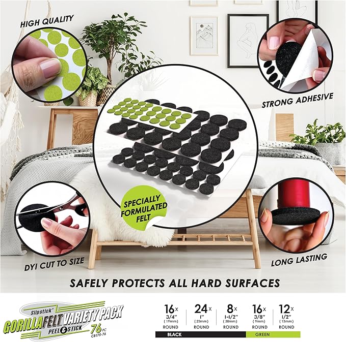 Slipstick Gorilla Felt Furniture Pads (76 Piece Variety Pack) Premium Furniture Pads & Chair Leg Floor Protectors for Hardwood Floors & Hard Surfaces | Furniture Pads - TrueDesk