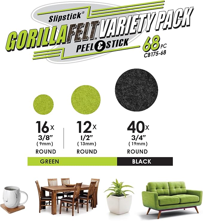 Slipstick Gorilla Felt ¾ Inch Furniture Pads (68 Pcs) Premium Furniture Pads & Chair Leg Floor Protectors for Hardwood Floors & Hard Surfaces | Furniture Pads - TrueDesk