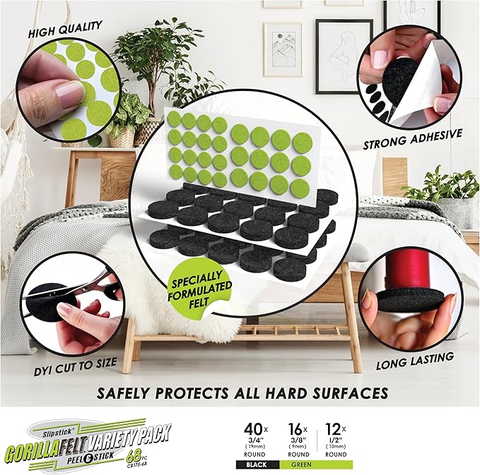 Slipstick Gorilla Felt ¾ Inch Furniture Pads (68 Pcs) Premium Furniture Pads & Chair Leg Floor Protectors for Hardwood Floors & Hard Surfaces | Furniture Pads - TrueDesk