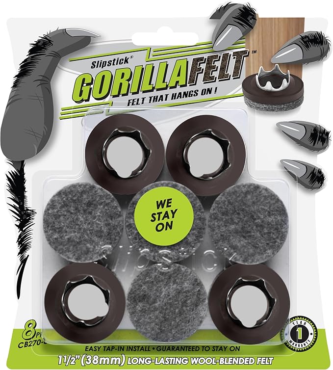 Slipstick GorillaFelt 1 - 1/2 Inch Felt Glides/Furniture Feet Floor Protectors (Set of 8 Sliders) Nail On Felt Furniture Pads Guaranteed to Stay On, Round, CB270 - 8 | Furniture Pads - TrueDesk