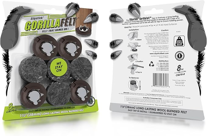Slipstick GorillaFelt 1 - 1/2 Inch Felt Glides/Furniture Feet Floor Protectors (Set of 8 Sliders) Nail On Felt Furniture Pads Guaranteed to Stay On, Round, CB270 - 8 | Furniture Pads - TrueDesk