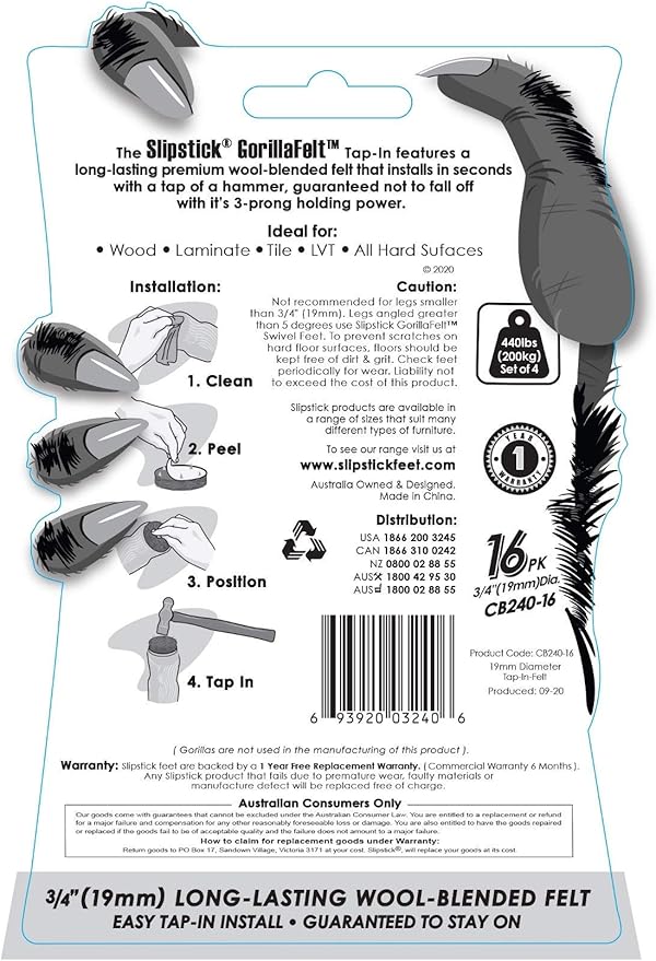 Slipstick GorillaFelt 3/4 Inch Chair Leg Floor Protectors/Felt Glides (Set of 16) Tap On Felt Furniture Pads Guaranteed to Stay On, Round Sliders, CB240 - 16 | Furniture Pads - TrueDesk