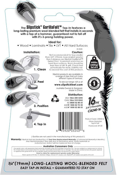 Slipstick GorillaFelt 3/4 Inch Chair Leg Floor Protectors/Felt Glides (Set of 16) Tap On Felt Furniture Pads Guaranteed to Stay On, Round Sliders, CB240 - 16 | Furniture Pads - TrueDesk