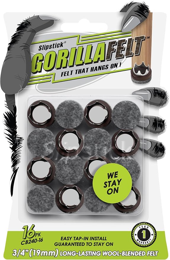 Slipstick GorillaFelt 3/4 Inch Chair Leg Floor Protectors/Felt Glides (Set of 16) Tap On Felt Furniture Pads Guaranteed to Stay On, Round Sliders, CB240 - 16 | Furniture Pads - TrueDesk