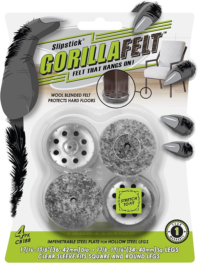 Slipstick GorillaFelt Chair Leg Floor Protectors for Hardwood Floors, Clear Sleeve Felt Pads for Furniture That Stay On, Fits Round & Square Legs, Includes 4 Premium Transparent Chair Socks, CB188 | Furniture Pads - TrueDesk