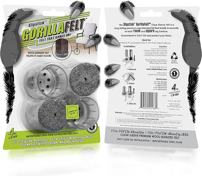 Slipstick GorillaFelt Chair Leg Floor Protectors for Hardwood Floors, Clear Sleeve Felt Pads for Furniture That Stay On, Fits Round & Square Legs, Includes 4 Premium Transparent Chair Socks, CB188 | Furniture Pads - TrueDesk