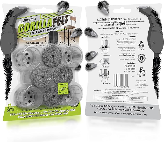 Slipstick GorillaFelt Chair Leg Floor Protectors for Hardwood Floors, Clear Sleeve Felt Pads for Furniture That Stay On, Fits Round & Square Legs, Includes 8 Premium Transparent Chair Socks, CB186 | Furniture Pads - TrueDesk