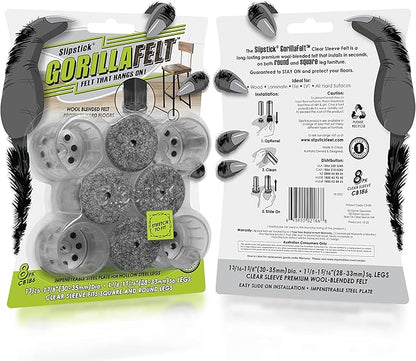 Slipstick GorillaFelt Chair Leg Floor Protectors for Hardwood Floors, Clear Sleeve Felt Pads for Furniture That Stay On, Fits Round & Square Legs, Includes 8 Premium Transparent Chair Socks, CB186 | Furniture Pads - TrueDesk