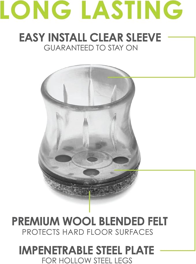 Slipstick GorillaFelt Chair Leg Floor Protectors for Hardwood Floors, Clear Sleeve Felt Pads for Furniture That Stay On, Fits Round & Square Legs, Includes 8 Premium Transparent Chair Socks, CB182 | Furniture Pads - TrueDesk