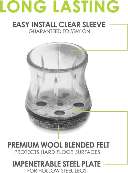 Slipstick GorillaFelt Chair Leg Floor Protectors for Hardwood Floors, Clear Sleeve Felt Pads for Furniture That Stay On, Fits Round & Square Legs, Includes 8 Premium Transparent Chair Socks, CB182 | Furniture Pads - TrueDesk