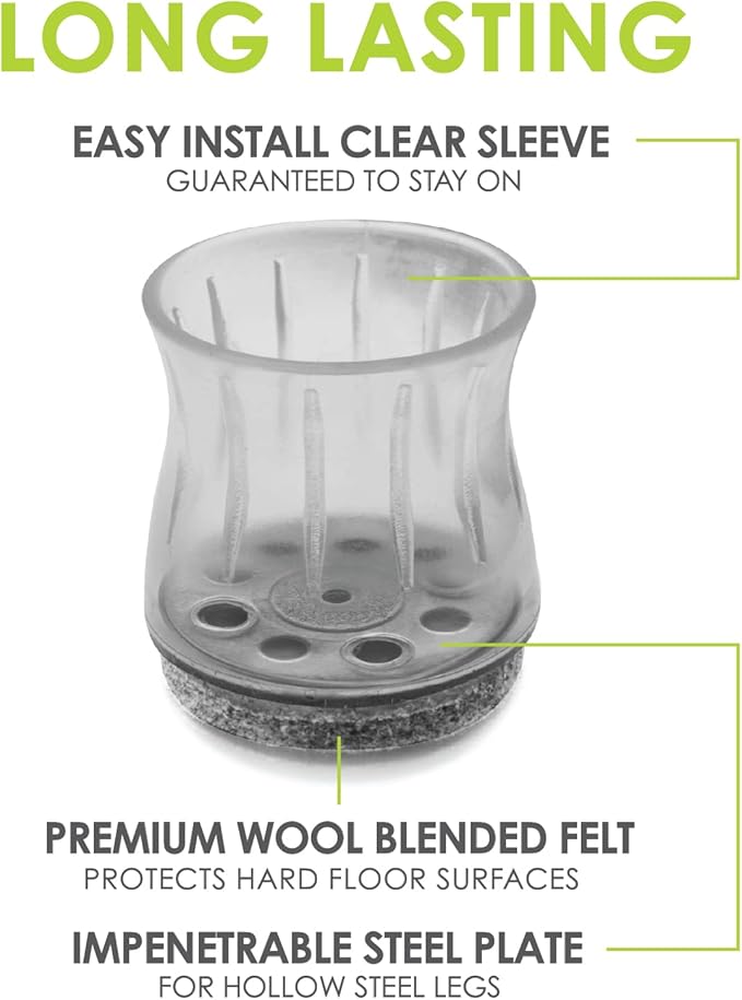 Slipstick GorillaFelt Chair Leg Floor Protectors for Hardwood Floors, Clear Sleeve Felt Pads for Furniture That Stay On, Fits Round & Square Legs, Includes 8 Premium Transparent Chair Socks, CB186 | Furniture Pads - TrueDesk