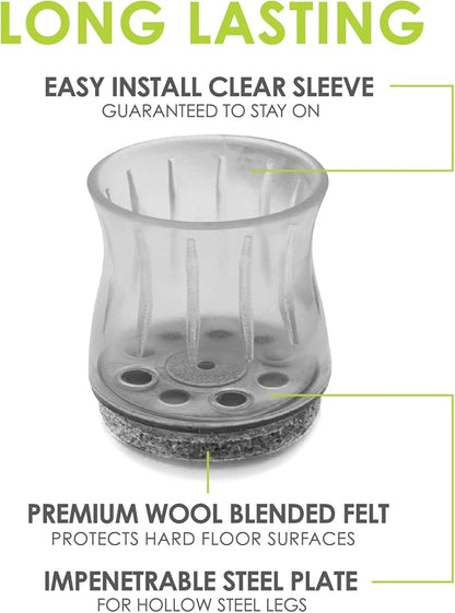 Slipstick GorillaFelt Chair Leg Floor Protectors for Hardwood Floors, Clear Sleeve Felt Pads for Furniture That Stay On, Fits Round & Square Legs, Includes 8 Premium Transparent Chair Socks, CB186 | Furniture Pads - TrueDesk