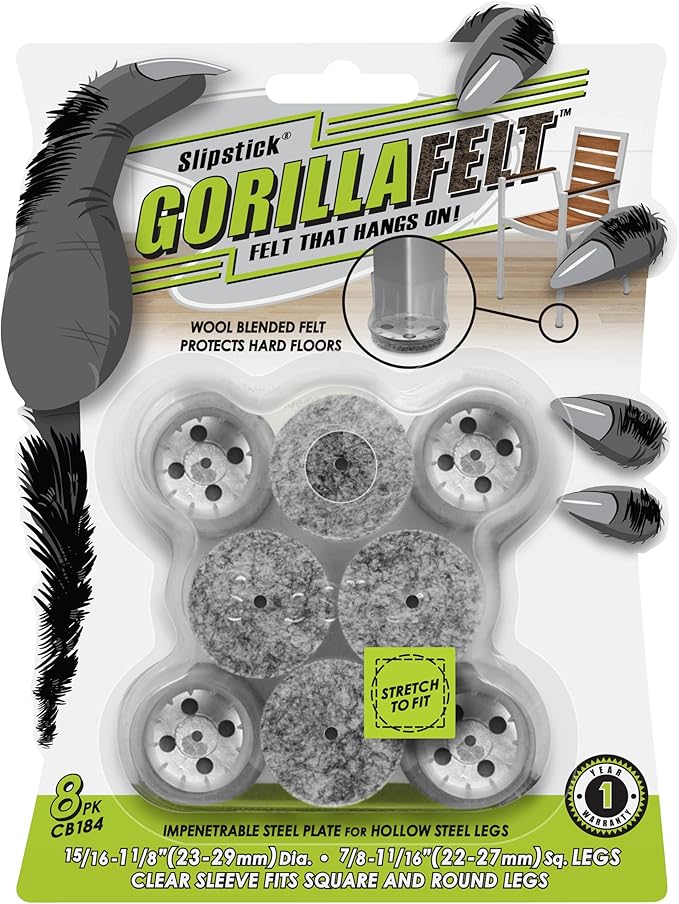 Slipstick GorillaFelt Chair Leg Floor Protectors for Hardwood Floors, Clear Sleeve Felt Pads for Furniture That Stay On, Fits Round & Square Legs, Includes 8 Premium Transparent Chair Socks, CB184 | Furniture Pads - TrueDesk