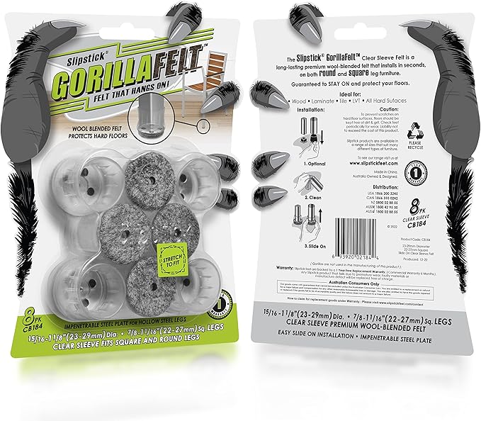 Slipstick GorillaFelt Chair Leg Floor Protectors for Hardwood Floors, Clear Sleeve Felt Pads for Furniture That Stay On, Fits Round & Square Legs, Includes 8 Premium Transparent Chair Socks, CB184 | Furniture Pads - TrueDesk