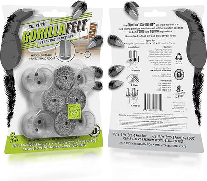 Slipstick GorillaFelt Chair Leg Floor Protectors for Hardwood Floors, Clear Sleeve Felt Pads for Furniture That Stay On, Fits Round & Square Legs, Includes 8 Premium Transparent Chair Socks, CB184 | Furniture Pads - TrueDesk