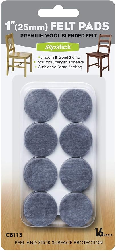 Slipstick Premium Wool Felt Furniture Feet Pads/Chair Leg Floor Protectors (1 Inch Round) Includes 16 Wool Blended Felt Feet Pads with Peel and Stick Adhesive, Gray, CB113 | Furniture Pads - TrueDesk