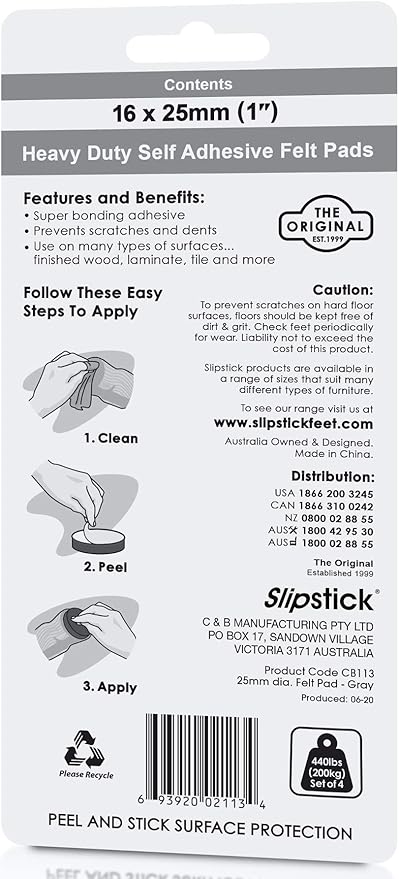 Slipstick Premium Wool Felt Furniture Feet Pads/Chair Leg Floor Protectors (1 Inch Round) Includes 16 Wool Blended Felt Feet Pads with Peel and Stick Adhesive, Gray, CB113 | Furniture Pads - TrueDesk
