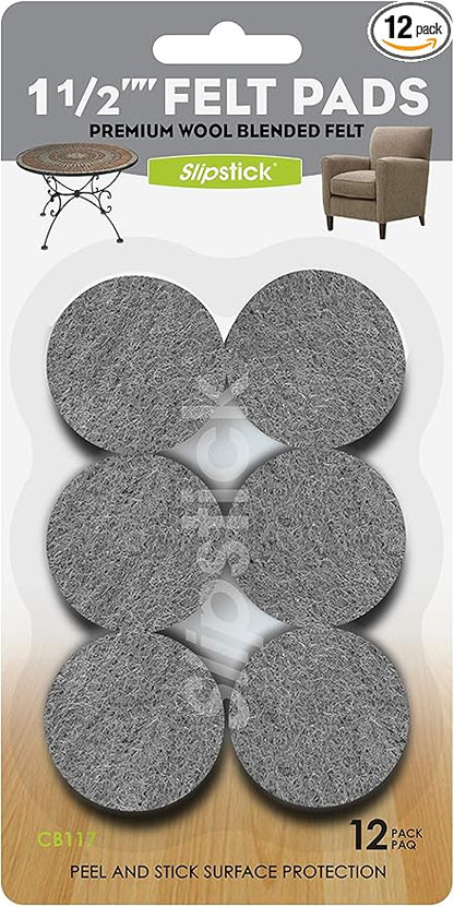 Slipstick Premium Wool Felt Furniture Pads/Chair Feet Floor Protectors (1.5 Inch Round) Includes 12 Heavy - Duty Felt Pads with Self Stick Adhesive, Gray, CB117 | Furniture Pads - TrueDesk