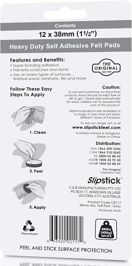 Slipstick Premium Wool Felt Furniture Pads/Chair Feet Floor Protectors (1.5 Inch Round) Includes 12 Heavy - Duty Felt Pads with Self Stick Adhesive, Gray, CB117 | Furniture Pads - TrueDesk