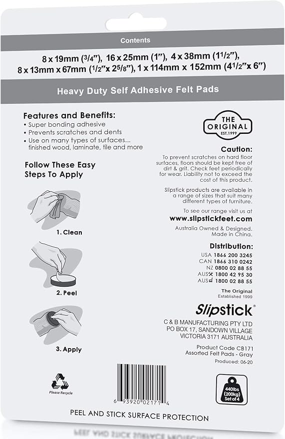 Slipstick Premium Wool Felt Furniture Pads/Floor Protector Variety Pack (37 Pieces) Self Stick Furniture Felt Protection Pads, Safe on All Hard Surfaces, Gray, CB171 | Furniture Pads - TrueDesk