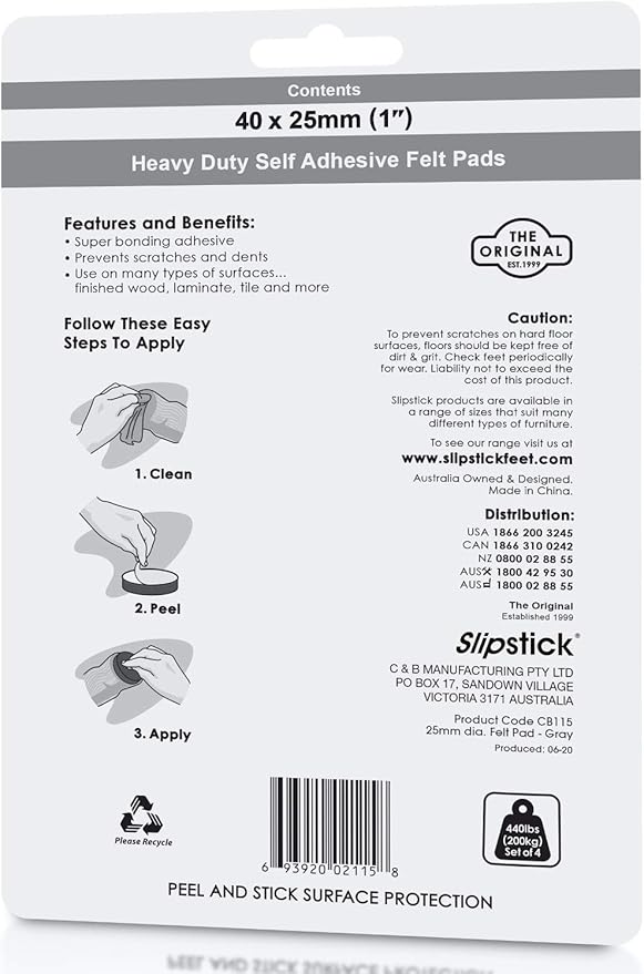 Slipstick Premium Wool Felt Furniture Pads/Floor Protectors (1 Inch Round Value Pack) Includes 40 Heavy - Duty Felt Chair Leg Pads with Self - Stick Adhesive, Gray, CB115 | Furniture Pads - TrueDesk