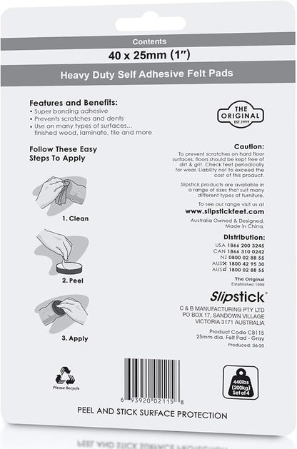 Slipstick Premium Wool Felt Furniture Pads/Floor Protectors (1 Inch Round Value Pack) Includes 40 Heavy - Duty Felt Chair Leg Pads with Self - Stick Adhesive, Gray, CB115 | Furniture Pads - TrueDesk