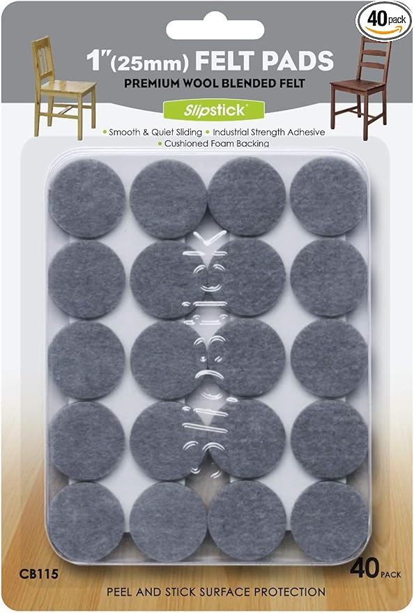 Slipstick Premium Wool Felt Furniture Pads/Floor Protectors (1 Inch Round Value Pack) Includes 40 Heavy - Duty Felt Chair Leg Pads with Self - Stick Adhesive, Gray, CB115 | Furniture Pads - TrueDesk