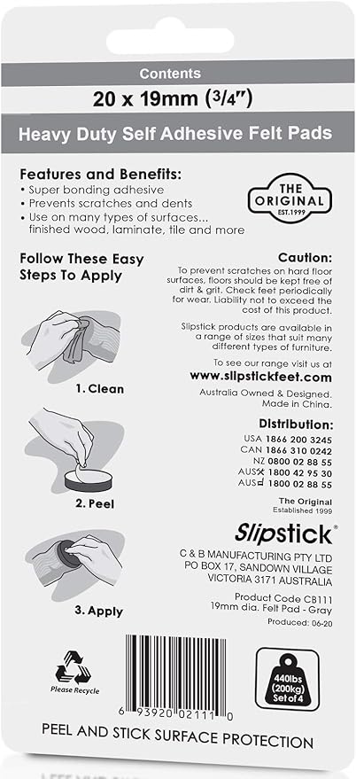 Slipstick Premium Wool Felt Furniture Pads/Small Chair Feet Floor Protectors (3/4 Inch Round) Includes 20 Heavy - Duty Felt Pads with Self Stick Adhesive, Gray, CB111 | Furniture Pads - TrueDesk