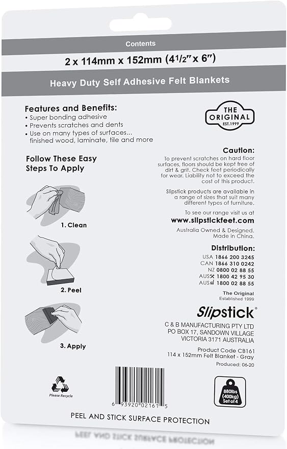 Slipstick Premium Wool Felt Sheet Furniture Pads/Floor Surface Protectors (6 Inch x 4 - 1/2 inch) Includes 2 Large Felt Pad Blankets with Self Stick Backing, Gray, CB161 | Furniture Pads - TrueDesk