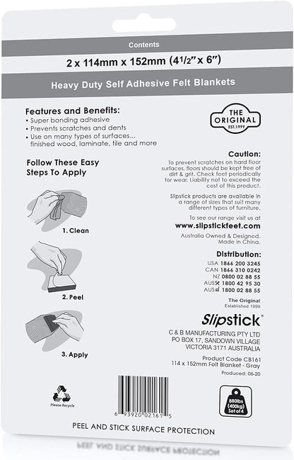 Slipstick Premium Wool Felt Sheet Furniture Pads/Floor Surface Protectors (6 Inch x 4 - 1/2 inch) Includes 2 Large Felt Pad Blankets with Self Stick Backing, Gray, CB161 | Furniture Pads - TrueDesk