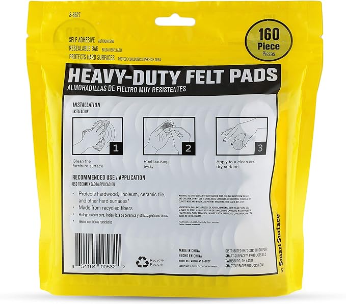 Smart Surface 8627 Heavy Duty Self Adhesive Furniture Felt Pads 1 - Inch Round Gray 160 - Piece Value Pack in Resealable Bag | Furniture Pads - TrueDesk