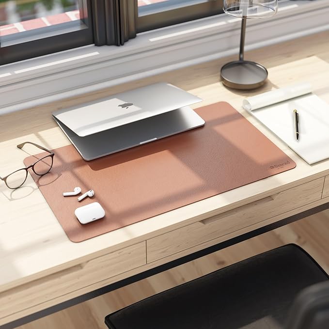 Smead Desk Pad, Vegan Leather Desk Mat with Non - Slip Faux Suede Backing, Perfect Desk Organizer for Office Decor, 23.6” x 13.7” Small, Saddle (64837) | Desk Pads Blotters - TrueDesk