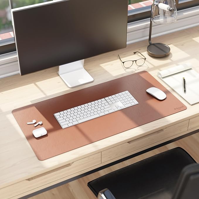 Smead Desk Pad, Vegan Leather Desk Mat with Non - Slip Faux Suede Backing, Perfect Desk Organizer for Office Decor, 31.5” x 15.7” Medium, Saddle (64832) | Desk Pads Blotters - TrueDesk
