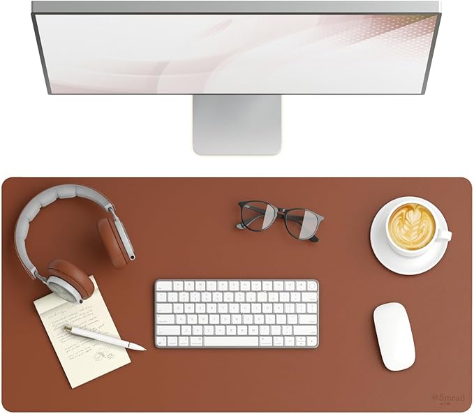 Smead Desk Pad, Vegan Leather Desk Mat with Non - Slip Faux Suede Backing, Perfect Desk Organizer for Office Decor, 31.5” x 15.7” Medium, Saddle (64832) | Desk Pads Blotters - TrueDesk