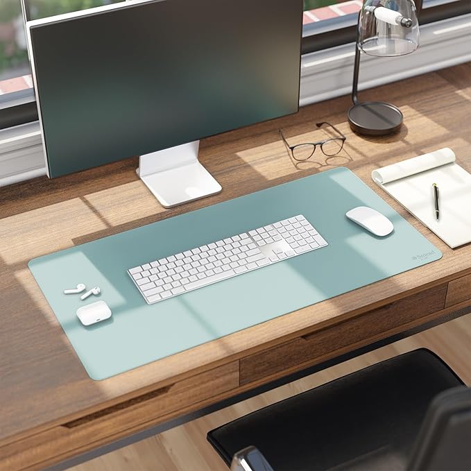 Smead Desk Pad, Vegan Leather Desk Mat with Non - Slip Faux Suede Backing, Perfect Desk Organizer for Office Decor, 31.5” x 15.7” Medium, Superior Blue (64835) | Desk Pads Blotters - TrueDesk