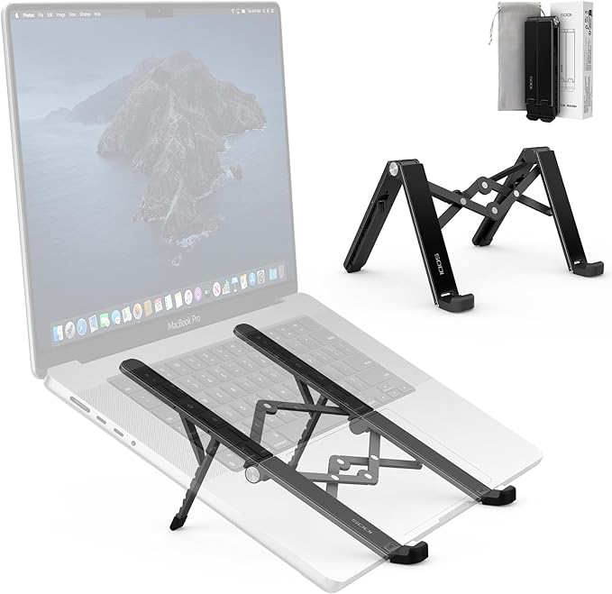 SODI 2025 Foldable Laptop Stand for Desk - Bi - fold Ergonomic Spring Adjustable Computer Holder, 3 in 1 Metal Portable Laptop Stand for Notebook, Phone, Tablet,10 - 16", Desk & Travel Use | Stands - TrueDesk